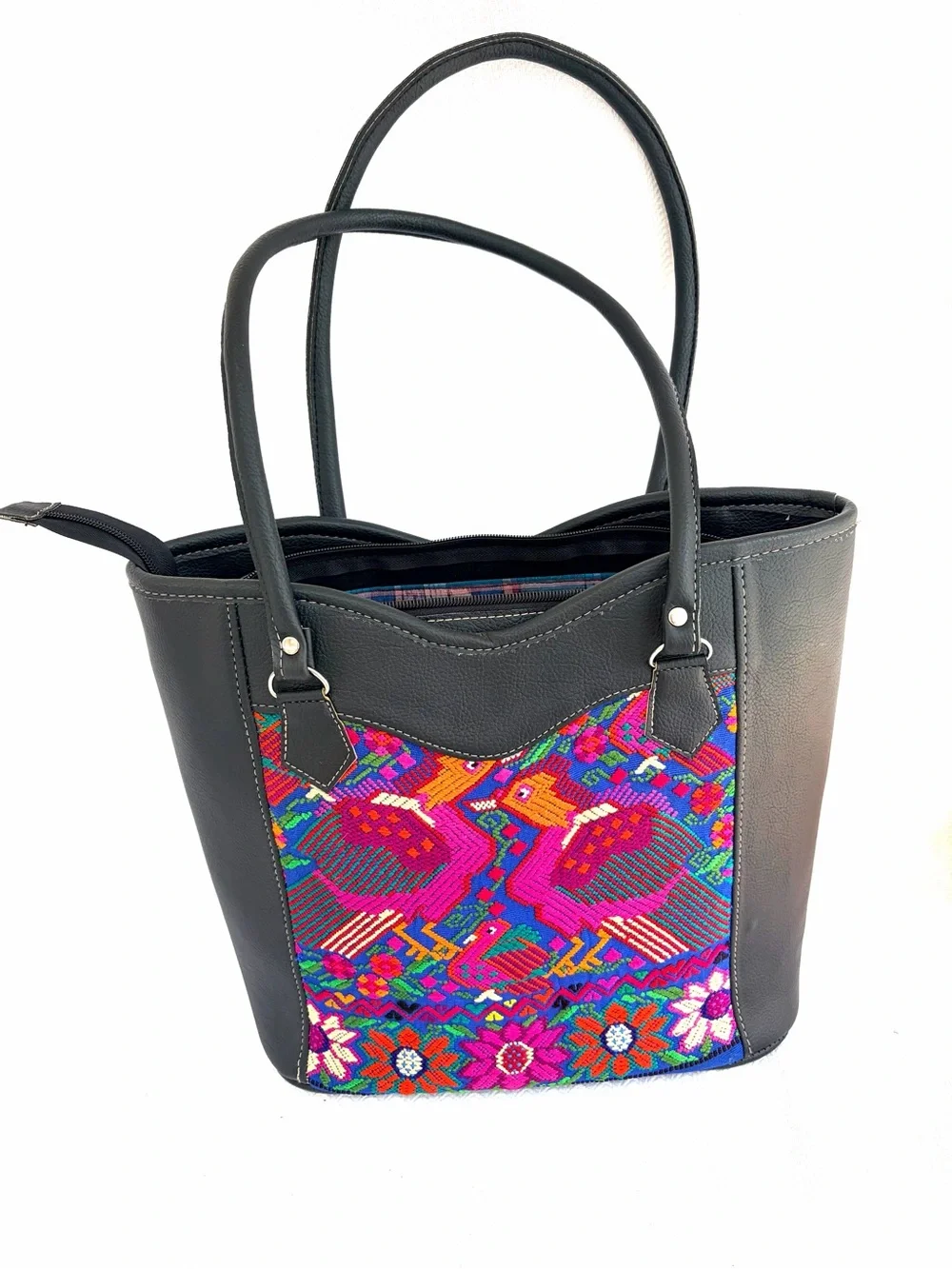 Handcrafted Gautemalan Huipil Leather Tote w Vibrant Pink, Multicolor Embroidery